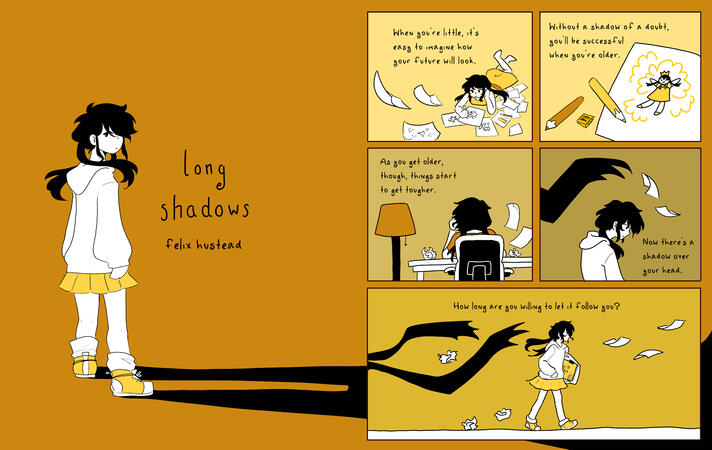 page spread, title page on left and 5-panel comic on right